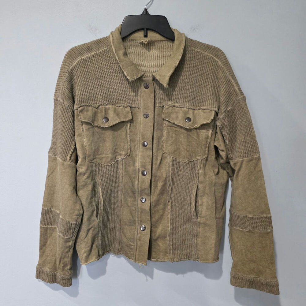 POL Waffle Knit Cotton Patchwork Jacket Snap Button Utility Shacket Boho Size M